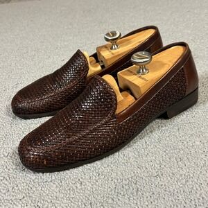 Bragano Mens 9.5 M Brown Woven English Calf Leather Loafers Italy Slip On
